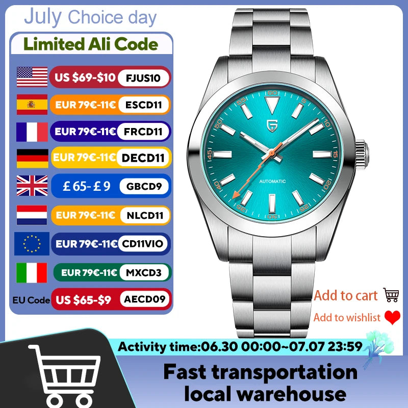 PAGANI DESIGN 2026 New Green Glass Men's Mechanical Watches Automatic Watch Men AR Sapphire crystal Stainless steel Wristwatch