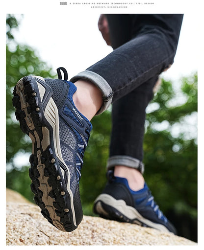 Sapatos de caminhada de marca para homem em malha respirável, calçado de viagem outdoor impermeável para caça e pesca, sapatos desportivos de montanha, todo-o-terreno e equitação