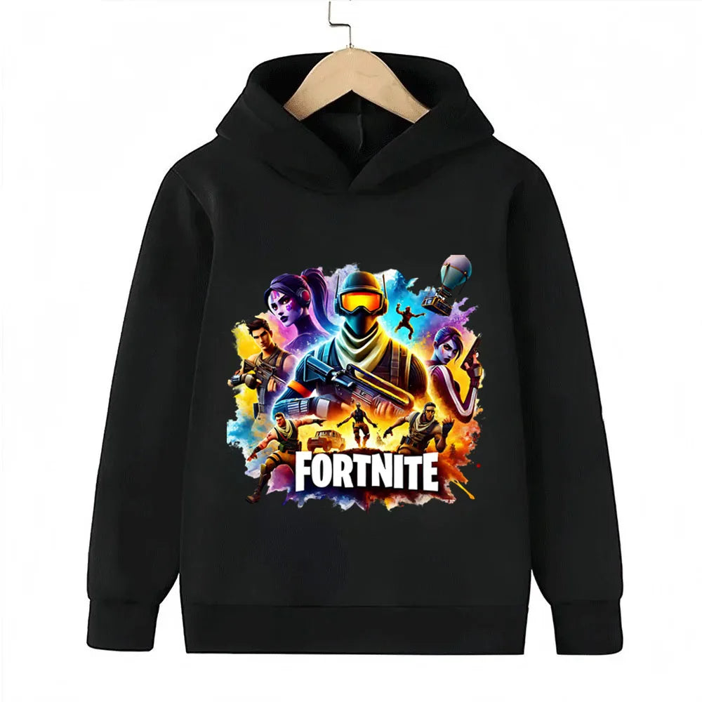 Sweats com capuz para criança com estampado do jogo Fortnite, conjunto cartoon confortável, tops largos de manga comprida, roupa de outono e inverno