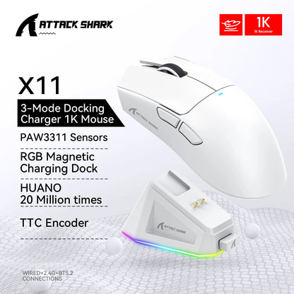 Mouse wireless Attack Shark X11&R1 Tri Mode Bluetooth con base di ricarica RGB, ergonomico e leggero, accessorio per PC gamer
