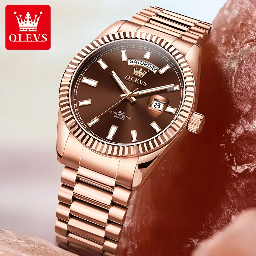 OLEVS Men's Watch Top Brand Luxury Wrist Watch For Men Fashion Rose Gold Stainless Steel Waterproof Watch Day Date Quartz Clock