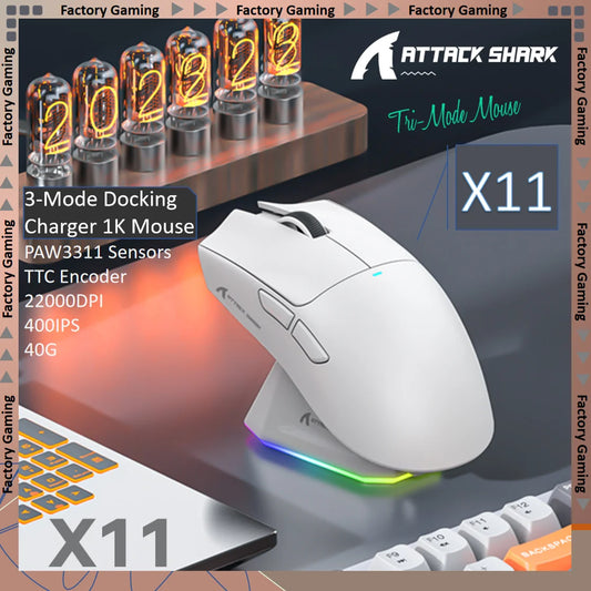 Mysz gamingowa ATTACK SHARK X11 Tri-Mode Lightweight z PAW3311, 22000DPI, 400IPS, 40G, 59g, szybkim ładowaniem magnetycznym i podświetleniem RGB