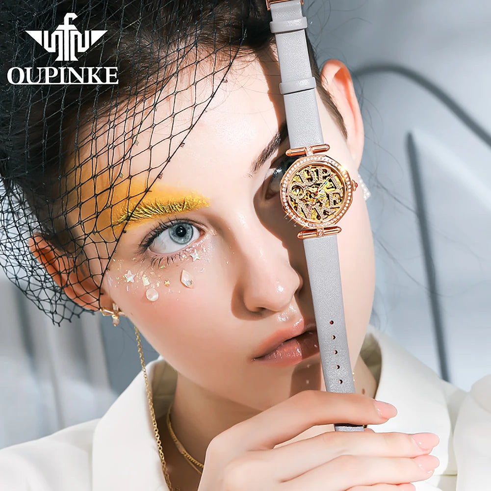 OUPINKE 3175 Women Watches Luxury Elegant Skeleton Automatic Mechanical Watches For Woman 50M Waterproof Bracelet Necklace Set
