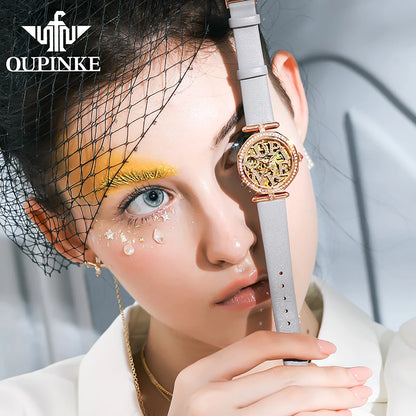 OUPINKE 3175 Women Watches Luxury Elegant Skeleton Automatic Mechanical Watches For Woman 50M Waterproof Bracelet Necklace Set
