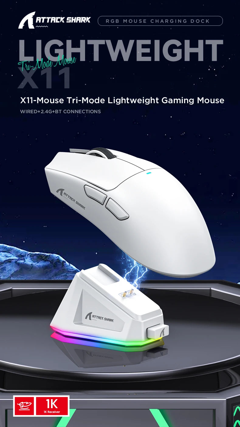 Mouse wireless Attack Shark X11&R1 Tri Mode Bluetooth con base di ricarica RGB, ergonomico e leggero, accessorio per PC gamer