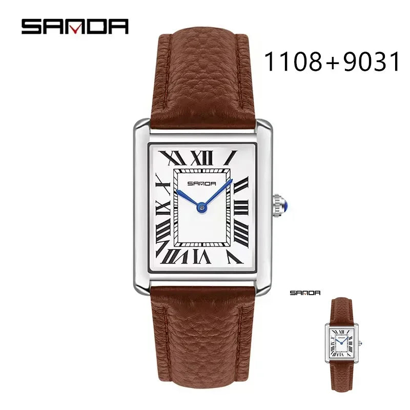 SANDA 9031/1108 Sport Casual Women Men Quartz Watches Reloj Luxury Couple Watch Resistant Leather Strap Square Dial Waterproof