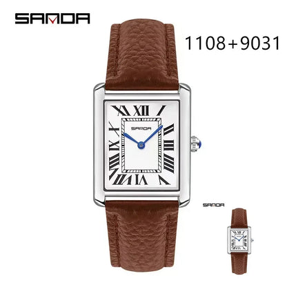 SANDA 9031/1108 Sport Casual Women Men Quartz Watches Reloj Luxury Couple Watch Resistant Leather Strap Square Dial Waterproof
