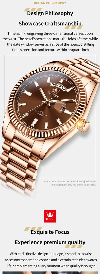 OLEVS Men's Watch Top Brand Luxury Wrist Watch For Men Fashion Rose Gold Stainless Steel Waterproof Watch Day Date Quartz Clock