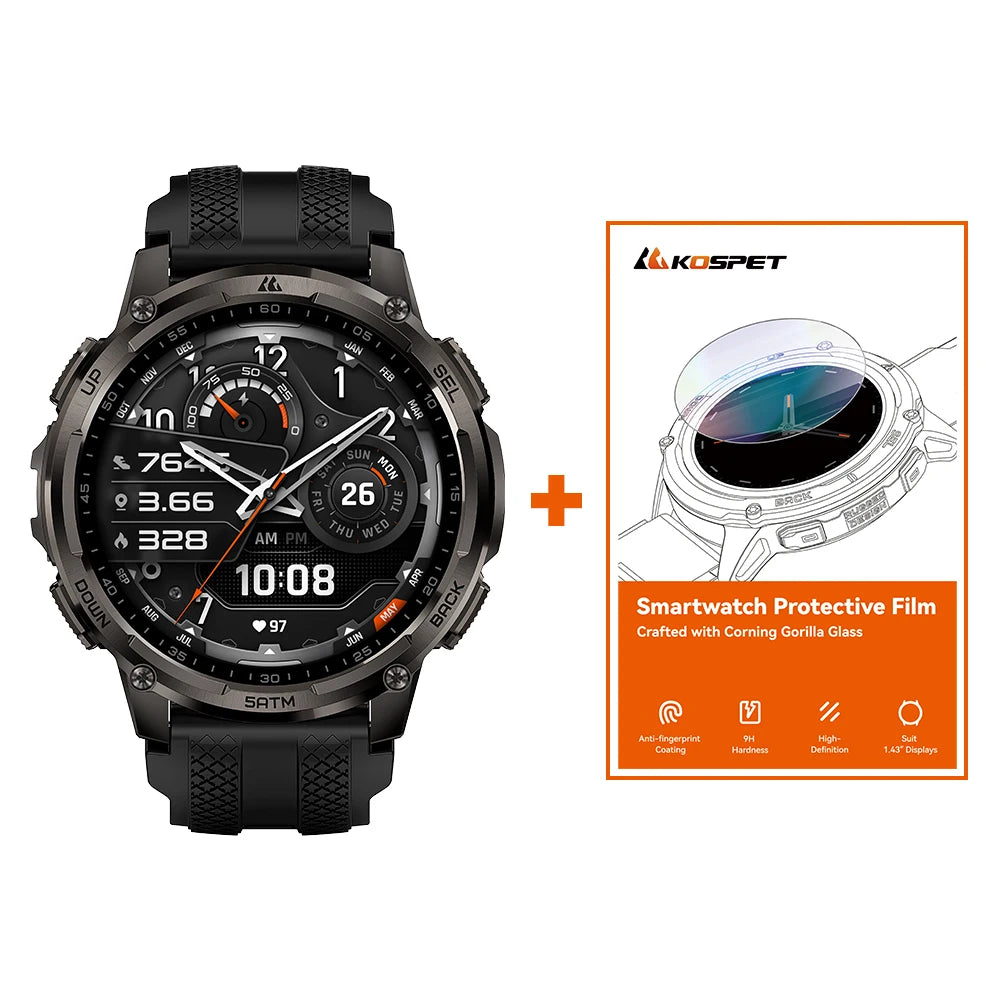 KOSPET TANK T4C Smartwatch Men's Outdoor GPS Watch with Bright LED Flashlight 5ATM Water-Resistant for Swimming Military Tough