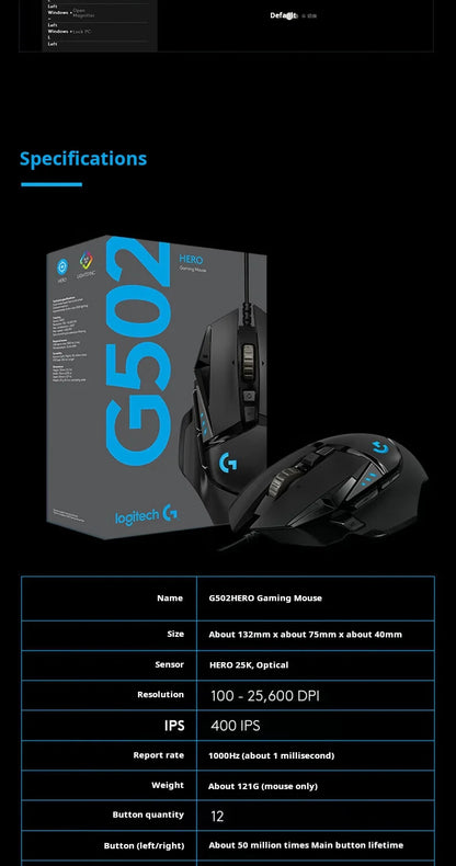Геймърска мишка Logitech G502 HERO с кабел, e-sports, механична мишка с RGB подсветка, балансируемо тегло и програмируеми макроси за Battle Royale игри