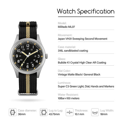 Militado ML07 Quartz Watches VH31/Miyota 2035 Movement Domed Sapphire Crystal Military Watch 100m Waterproof Luminous Mens Watch