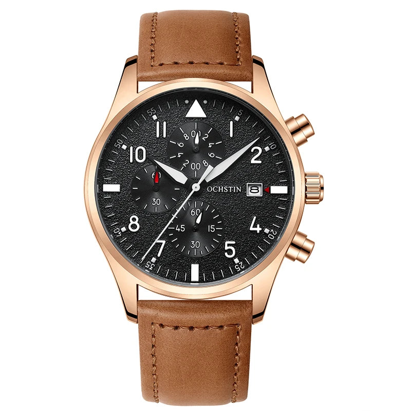 OCHSTIN Mens Watches Quartz Chronograph Men Watch Pilot Sport Male Fashion Wristwatch Top Brand Luxury Leather Waterproof Clock