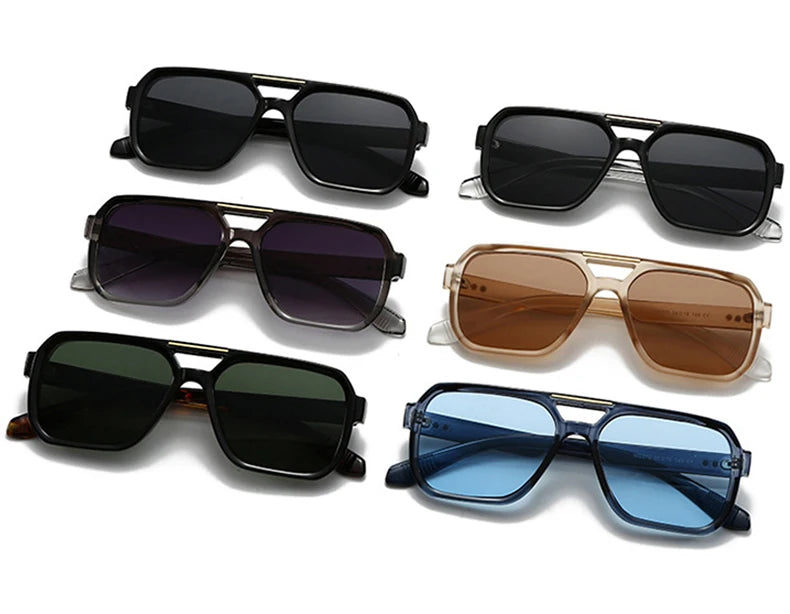 Ochelari de soare SO&EI Fashion cu rame duble, pătrați, pentru femei, stil retro cu nituri, nuanțe de albastru ceai, protecție UV400, ochelari de soare cu gradient pentru bărbați, pentru activități în aer liber