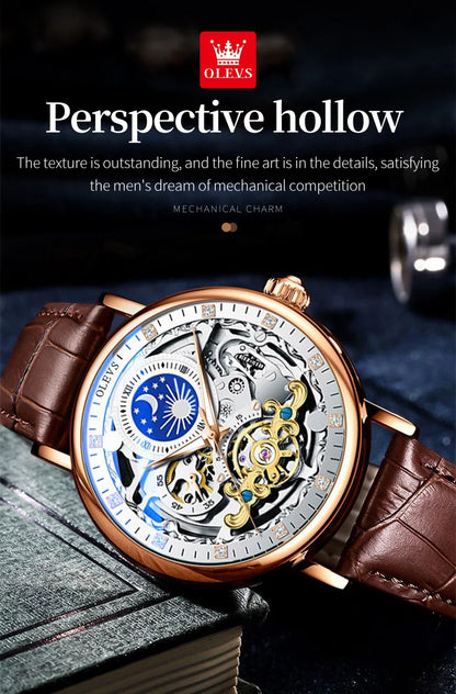 OLEVS Brand 2024 Fashion Moon Phase Skeleton Mechanical Watch for Men Sport Leather Waterproof Luxury Tourbillon Watches Mens