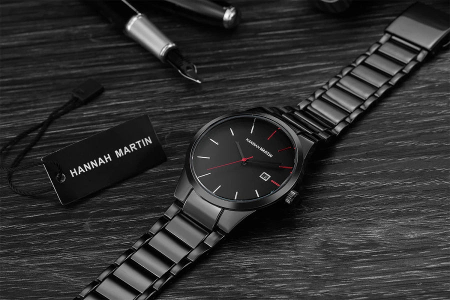 „Hannah Martin“ vyriškas laikrodis, nerūdijančio plieno korpusas, kvarcinis mechanizmas, 41 mm ciferblatas, verslo stiliaus, su kalendoriaus rodymu (imitacija)