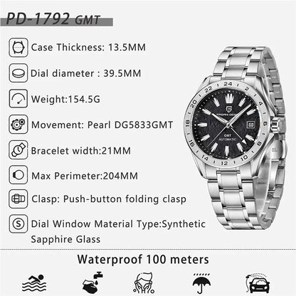 PAGANI DESIGN New GMT Mens Mechanical Watches 100M Waterproof Clock Sapphire Glass Automatic Men Watch PD-1792 Relogio Masculino