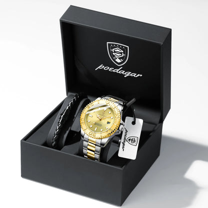 POEDAGAR Luxury Men's Watch Stainless Steel Date Quartz Fashion Watches For Man Waterproof Luminous Business Male Watch+Box Gift