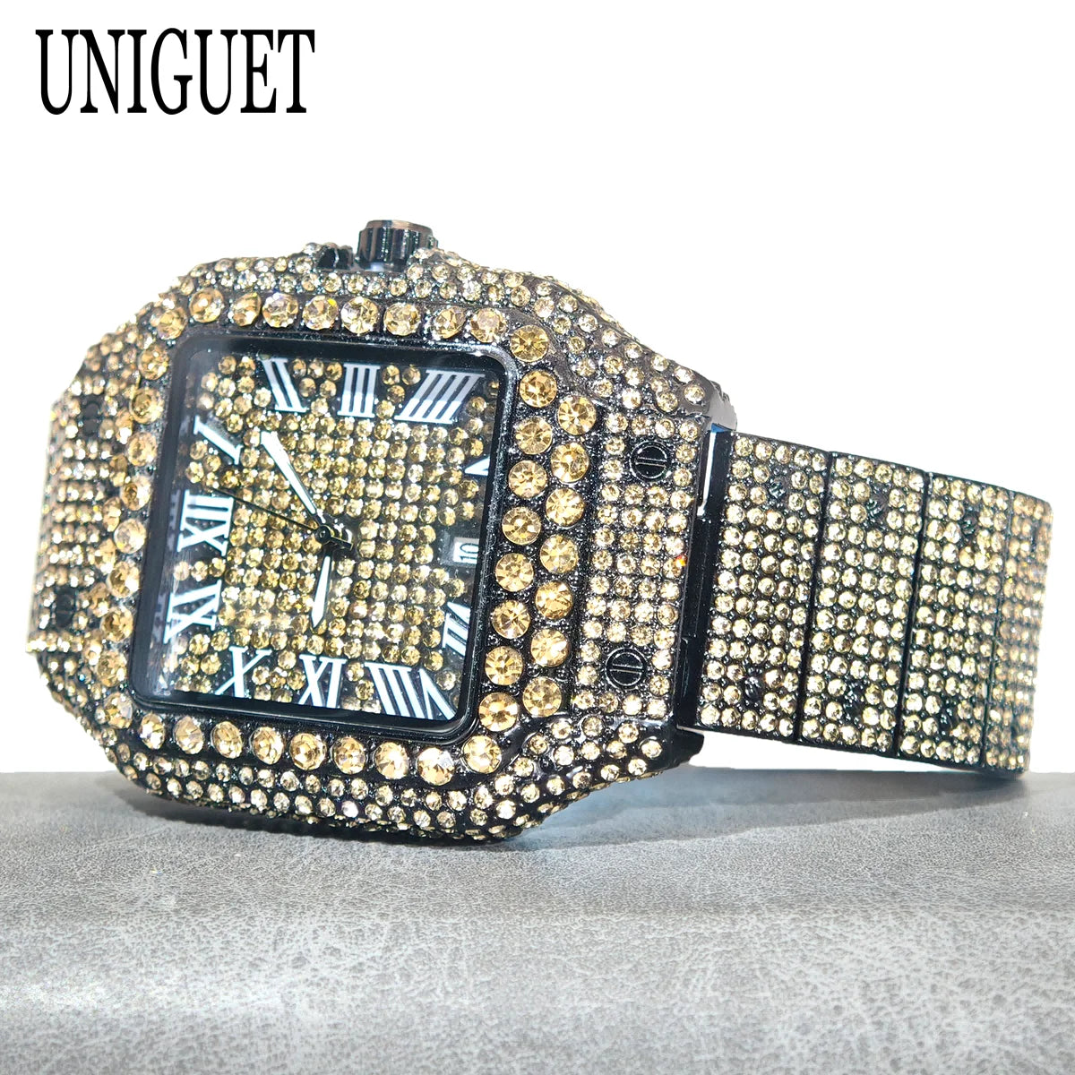 Green Diamond Watch For Men Brand UNIGUET Fashion Roman Literal Quartz Clock Man Hip Hop Iced Jewelry Square Wristwatch 2025 New