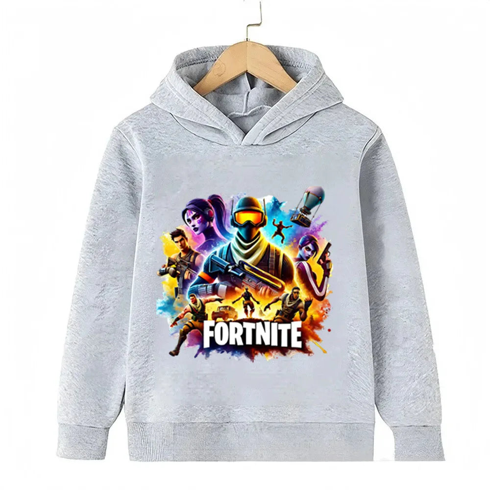 Sweats com capuz para criança com estampado do jogo Fortnite, conjunto cartoon confortável, tops largos de manga comprida, roupa de outono e inverno