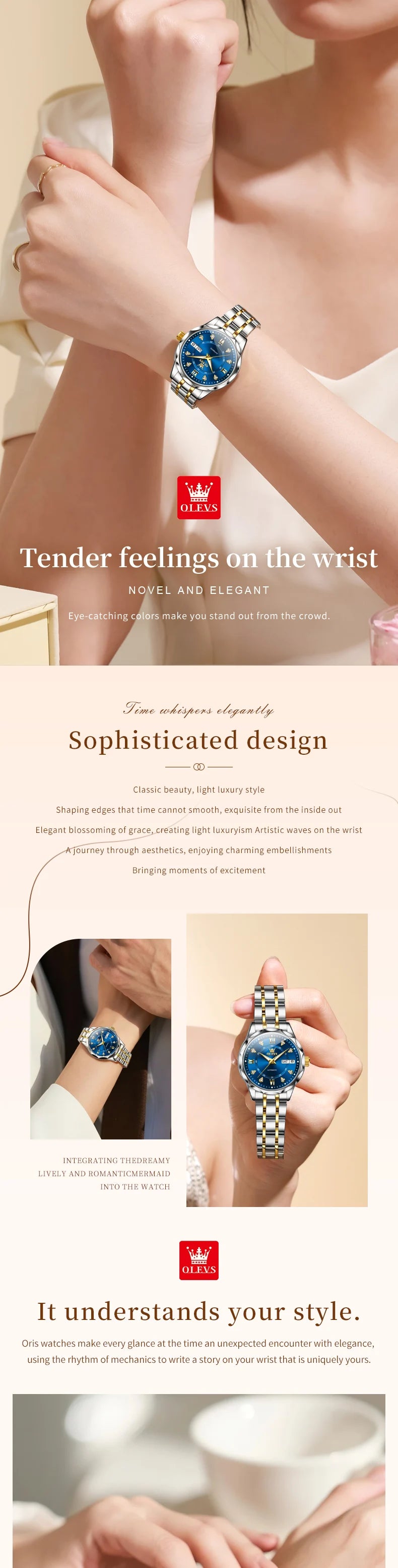 OLEVS 6727 Ladies Watch Automatic Mechanical Watch Stainless Steel Waterproof Calendar Week Watches For Women Luxury Elegant New