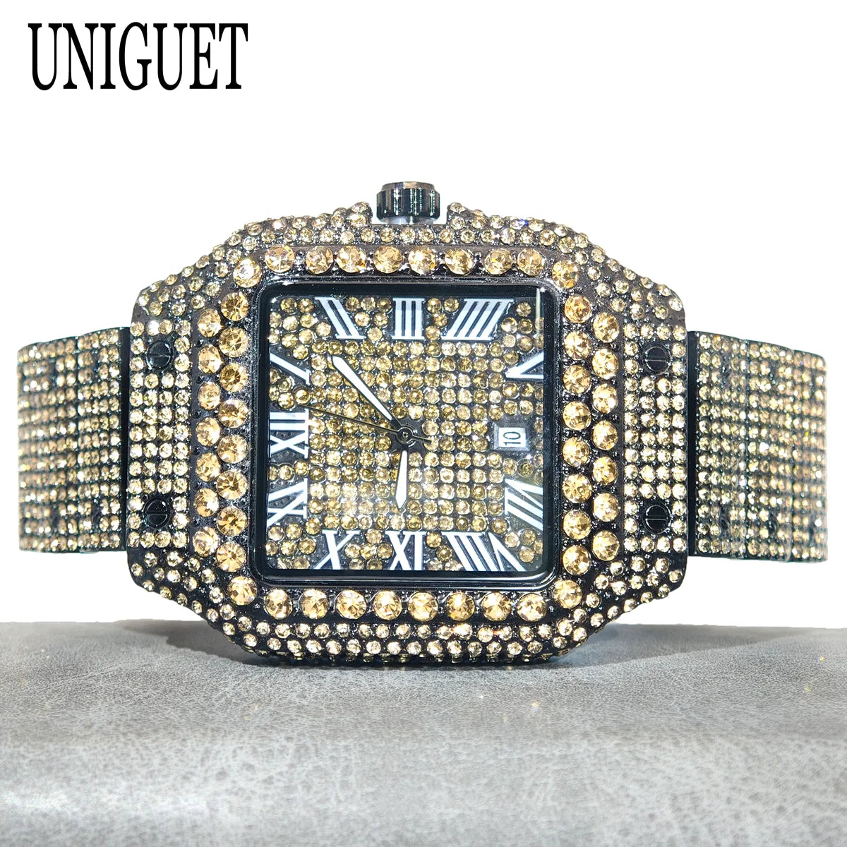 Green Diamond Watch For Men Brand UNIGUET Fashion Roman Literal Quartz Clock Man Hip Hop Iced Jewelry Square Wristwatch 2025 New