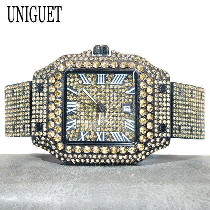 Green Diamond Watch For Men Brand UNIGUET Fashion Roman Literal Quartz Clock Man Hip Hop Iced Jewelry Square Wristwatch 2025 New