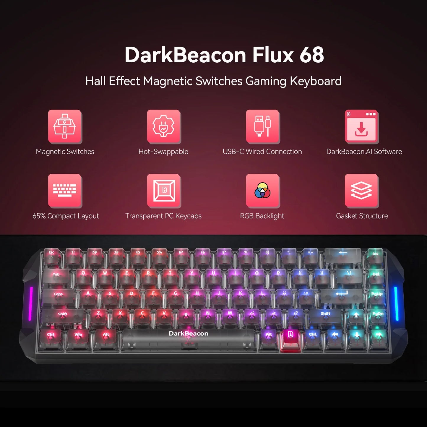 Teclado Gaming Mecânico DarkBeacon Flux 68 HE com Switches Magnéticos Hot Swappable, USB-C com Fio, RGB, Layout 65%