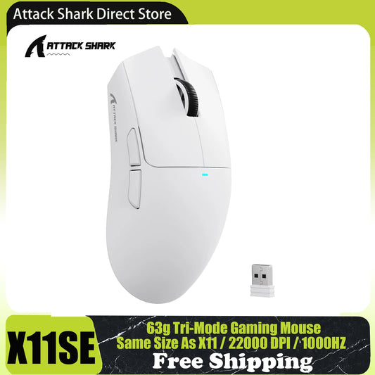 Безжична геймърска мишка ATTACK SHARK X11SE, Tri-Mode, суперлека 63g със сензор PAW3311, 22000 DPI, батерия 300mAh, двоен драйвер