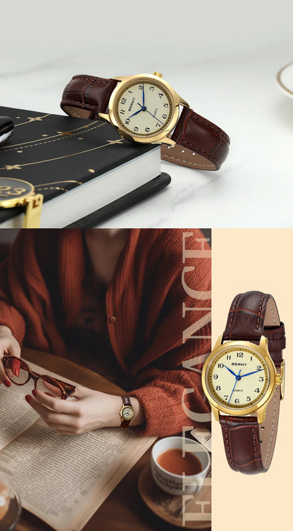 BERNY Gold Watch for Women Luxury Ladies Fashion Quartz Wristwatch Elegant Gradient Dial Multiple Scenarios Matching Lady Watch