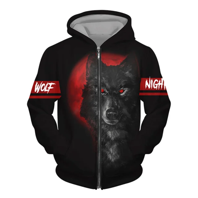 3D Wolf Print Men Zipper Hoodies Fashion Animal Pattern Top Coat Street Punk Style Oversized Sweatshirts Outdoor Leisure Jackets