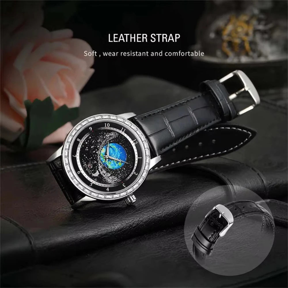FORSINING Luxury Mens Automatic Mechanical Watch,Earth Star Moon Starry Milky Way Rhinestone Dial Leather Strap,3ATM Waterproof