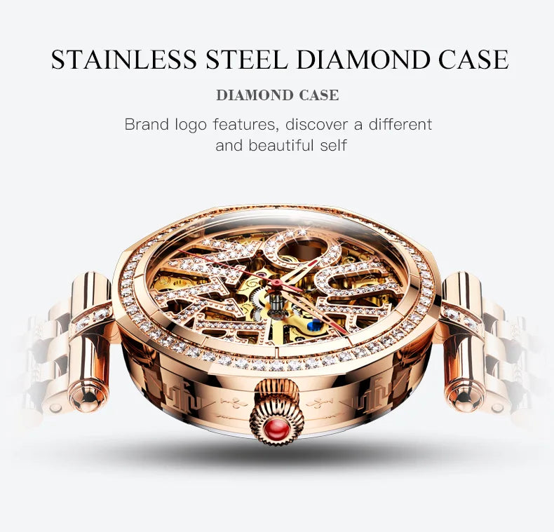 OUPINKE 3175 Women Watches Luxury Elegant Skeleton Automatic Mechanical Watches For Woman 50M Waterproof Bracelet Necklace Set