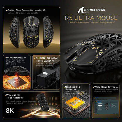 ATTACK SHARK R5 Ultra Carbon Fiber Wireless Gaming Mouse, PixArt PAW3950MAX Gaming Sensor, 42000DPI, 8000Hz, MCU Nordic 52840