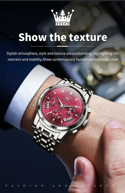 OLEVS Brand Fashion Red Watch for Men Luxury Sport Waterproof Stainless Steel Chronograph Quartz Watches Relogio Masculino