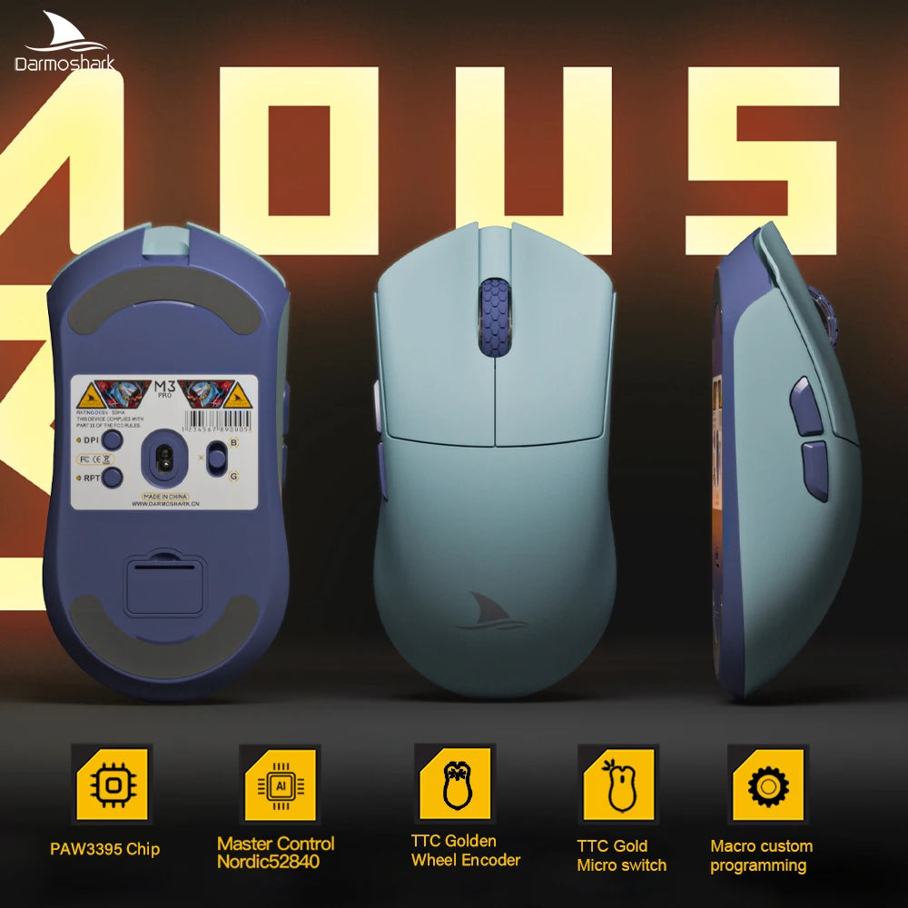 Herná myš Darmoshark M3Pro 2.4G BT bezdrôtová s trojitým režimom, snímačom PAW3395, N52840, 26000DPI, pre veľkú ruku, makro ovládač, myš na hranie