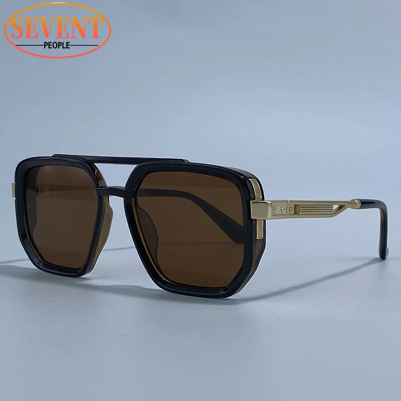 Ochelari de soare pătrați polarizați pentru bărbați, de lux, în stil vintage, cu punte dublă, lentile cu gradient, ochelari de soare pentru șofat, ochelari de soare retro cu partea superioară plată, pentru bărbați