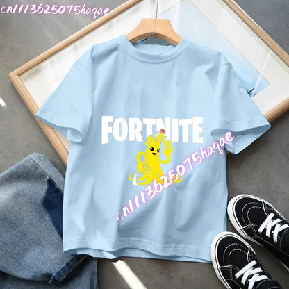 Camiseta azul de algodón para niños Fortress Night, manga corta, diseño kawaii de dibujos animados para niño y niña, ropa de verano, regalo