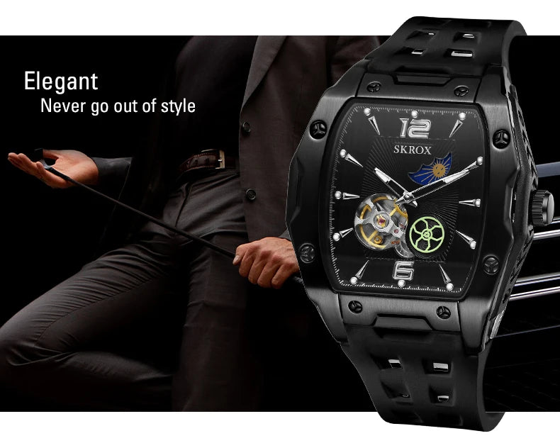 SKROX Designer Luxury Moon Phase Toubillon Automatic Movement Mechanical Clock High Quality Waterproof Silicone Men's Watches