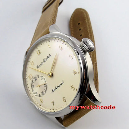 Vintage PARNIS Mechanical Hand Winding Watch Men Gold 44mm Steel Wristwatch Sport 17 Jewels 6497 Movtt Khaki Band Glass Back