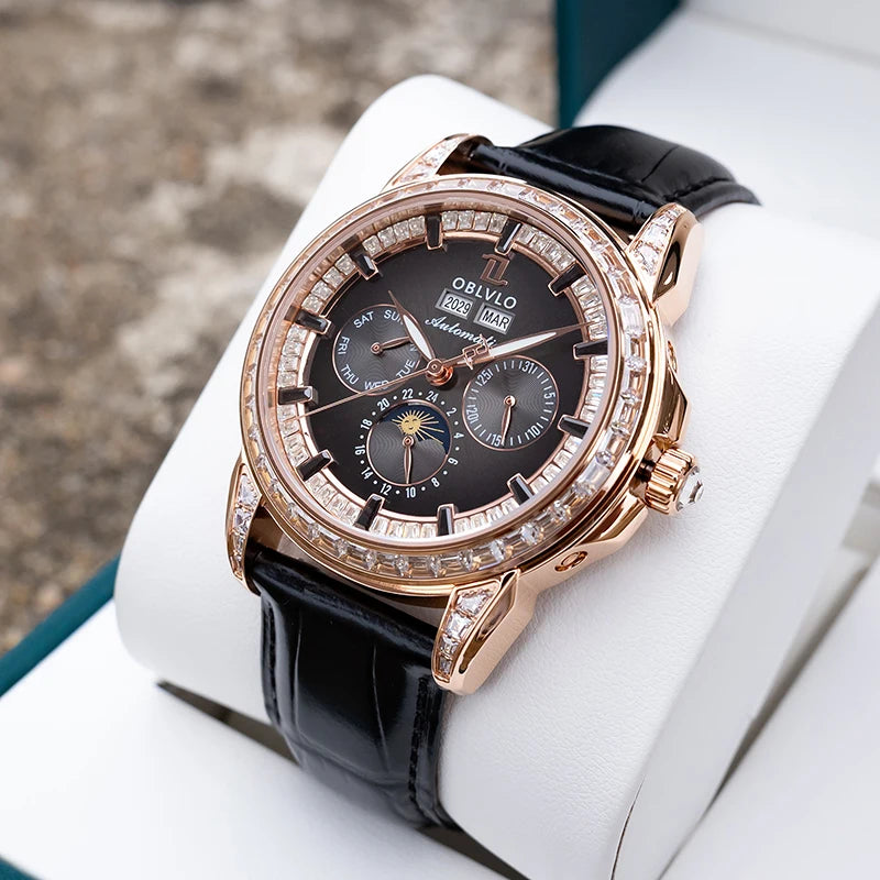 OBLVLO Men's Automatic Watch 40mm Mechanical Wristwatch 5ATM Luminous Crystal Bezel Year, Month, Week, Date, 24 Hours TY1655 Movement
