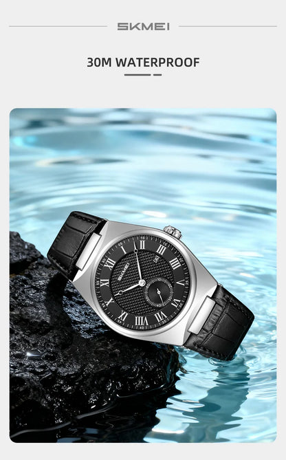 SKMEI 9390 Elegant Men's Quartz Watch Roman Scale Calendar Waterproof Leather Strap Casual Business Watches for Man Reloj Hombre