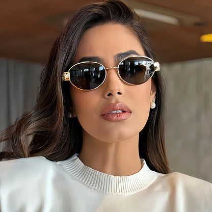 Ochelari de soare ovali pentru femei și bărbați, ochelari de soare la modă cu ramă metalică, ochelari de soare clasici