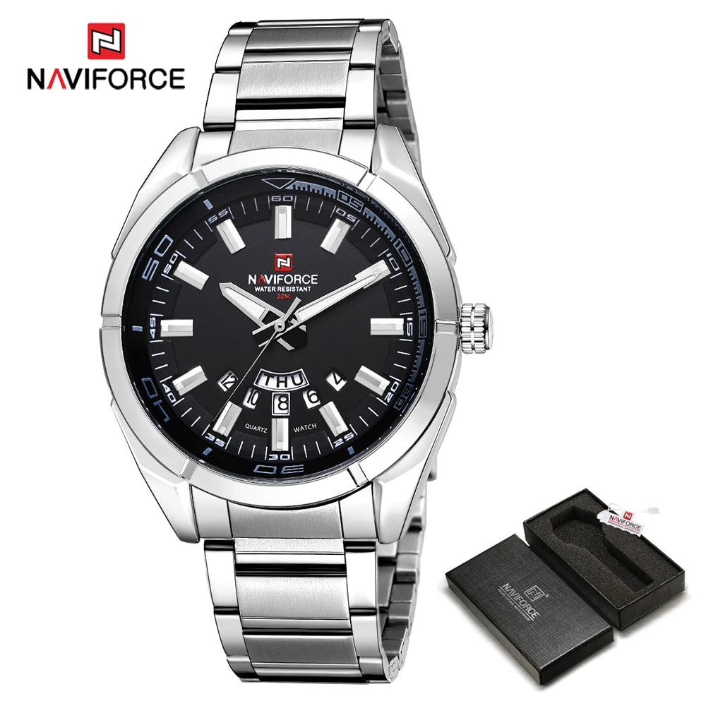 Montre pour homme NAVIFORCE, entièrement en acier, étanche, style décontracté, mouvement à quartz avec affichage de la date – Montre-bracelet de luxe pour homme, d'une marque de premier plan.