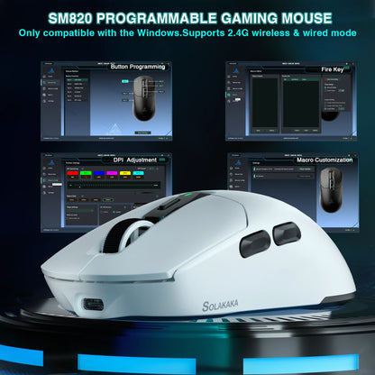 Solakaka SM820 Tri-Mode Wireless Mouse Magnetic Rechargeable Dock RGB PAW3311 24000DPI Wireless Macro Gaming Mouse Ultra-Light