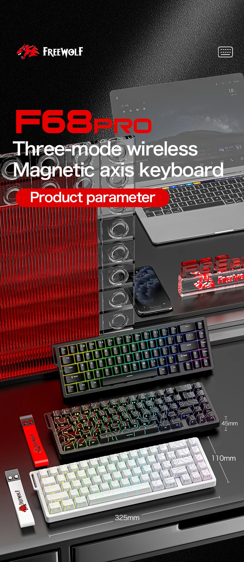 FREEWOLF F68 F68Pro Gaming Keyboard Magnetic Switch 3-Mode Wireless Bluetooth Wired, 8K/1K Polling RGB Hot-Swap RT VALORANT FPS