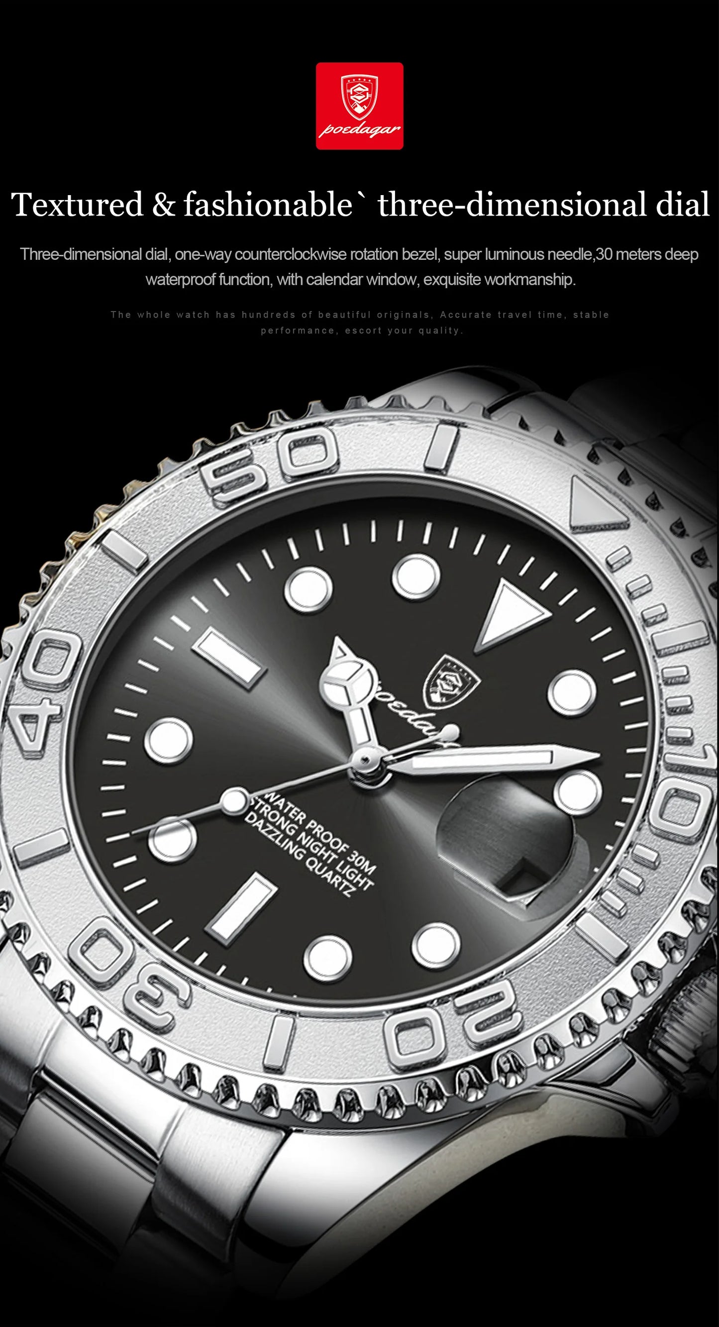 POEDAGAR Luxury Men's Watch Stainless Steel Date Quartz Fashion Watches For Man Waterproof Luminous Business Male Watch+Box Gift
