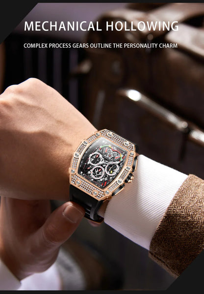 ONOLA Luxury Diamond Mechanical Wristwatches Fashion Sports Square Date Waterproof Automatic Man Watch Men Military Watch Clock