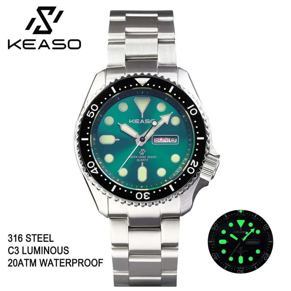KEASO Top Men Dive Watch C3 Super Luminous 316L Solid Steel 20Bar Waterproof Sapphire Mirror MIYOTA 2035 Quartz Movement Watch