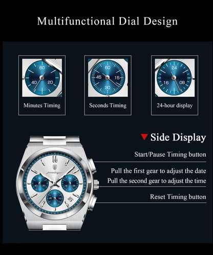 POEDAGAR Fashion Men's Wristwatch Chronograph Date Stainless Steel Quartz Man Clock Waterproof Luminous Business Watches For Men