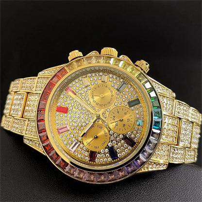 Hot Sell Luxury Green Iced Watch For Men Fashion Stainless steel Quartz Wristwatch Hip Hop Rainbow Diamond AAA Watches Man Reloj